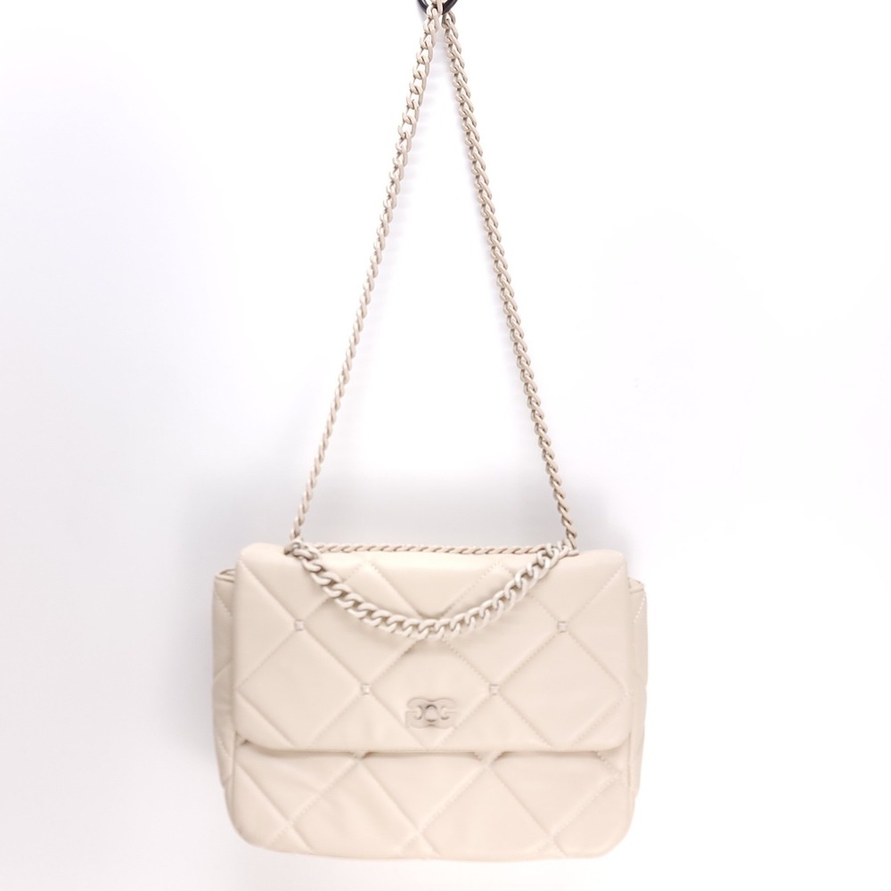 Gilda Paris Quilted Diamond Stitch Shoulder Bag Cream Beige Studded Chain Strap